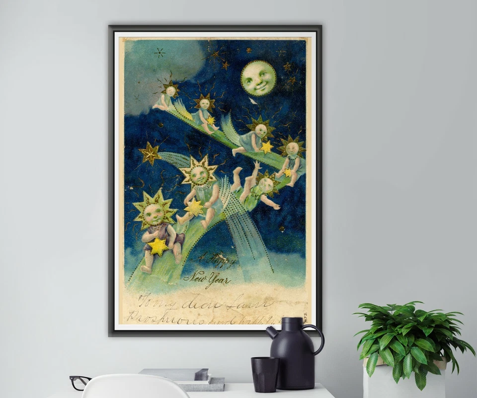 1907 Happy New Year Moon Baby POSTER! (up to 24" x 36") - Holidays - Cute