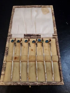Antique ArtDeco Sterling Silver Enamel Rooster Cocktail Picks Set Of 6 W/Boxes - Picture 1 of 10