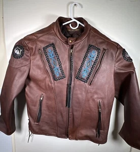 Kerr Leather Motorcycle jacket native american motif Customized In Sturgis Sz 46 - Picture 1 of 17