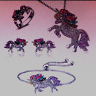 Rhinestone Unicorn Bracelets. Necklace, Ear, & Fin Rings Set Silver Fashion Adj.