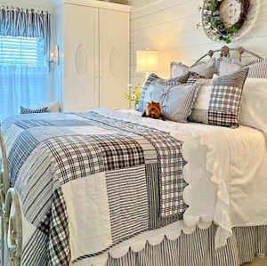 BLACK PLAID FARMHOUSE 1pc King QUILT : COTTON COUNTRY CHIC WHITE STRIPE SHABBY - Picture 1 of 4