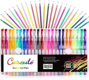 24 Coloring Glitter Gel Pens 24 Free Matched Refills Artist Drawing Adult Sketch - Picture 1 of 12