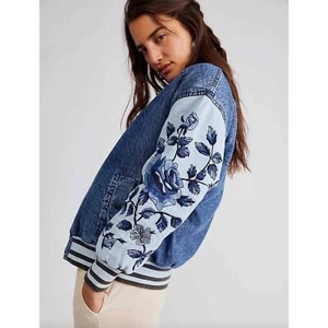 Free People Team Spirit Floral Embroidered Bomber Jacket In Denim Size Medium - Picture 1 of 7
