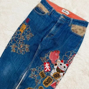Karakuri Tamashii Men's Denim Jeans Pants Maneki Neko Koi Embroidered Blue 30 - Picture 1 of 16