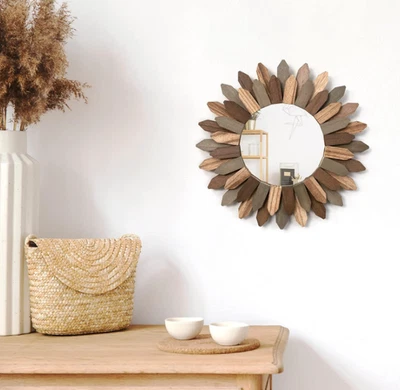 Wall Decor 12 inch Decorative Mirror with Rustic Wood Sunburst Frame - Image 1 of 4