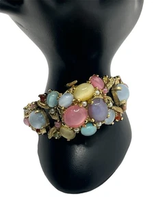 Pastell Mehrfarbig Cabochon Strass Goldfarben Versteckt Uhrenarmband Vintage - Bild 1 von 18