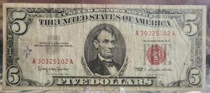 1963 Vintage Circulated U.S. $5 Dollar RED DOT Note: A 30325102 A - Picture 1 of 2