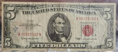 1963 Vintage Circulated U.S. $5 Dollar RED DOT Note: A 30325102 A - Image 1 of 2