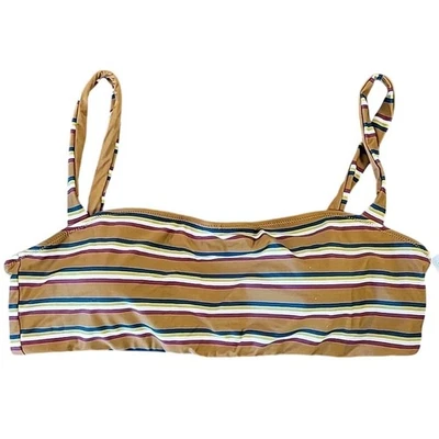 Roupa de banho nova com etiquetas RVCA retrô linha biquíni top L dourado azul listra branca bralette - Imagem 1 de 4