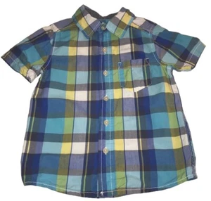 OshKosh B'gosh Boys Blue Plaid Spring Short Sleeve Button Down Shirt 4/5 EUC - Picture 1 of 2