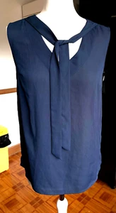VGC Ladies ATMOSPHERE at PRIMARK French NAVY BLUE CHOKER TIE Blouse Top 10 £1 - Picture 1 of 3