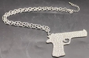 Necklace Hip Hop Urban Silver Tone & Crystal Bling Pistol Gun~20" Rhinestones!! - Picture 1 of 7