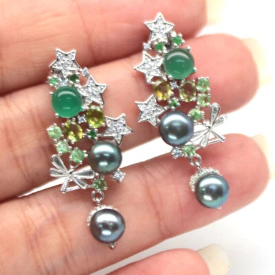 Brincos de prata esterlina 925 com pérola magenta, ágata, peridoto, tsavorita e zircão - Imagem 1 de 4