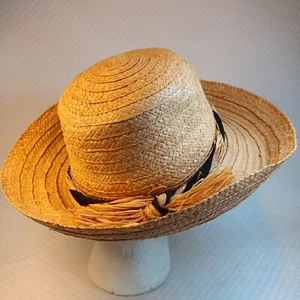 Vtg 80s Liz Claiborne Straw Boater Sun Hat Beach Resort Blak Ribbon Raffia - Picture 1 of 11