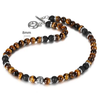 Men's 8mm Natural Tiger Eye Lava Bead Necklace Stainless Steel Toggle 18/20/24" - Image 1 of 4