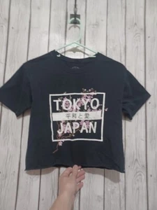 Tokyo Japan Jupiter Moon Shirt Womens XS Cherry Blossoms Crop Top Floral Kanji - Picture 1 of 3