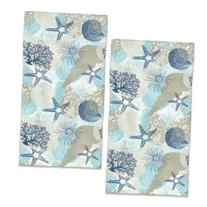 Hand Towels Cute Shell Starfish Coral Bath Towel Set of 2 Soft Coastal Beach - Picture 1 of 7
