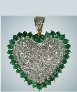 14k Gold Over 3.40ct Emerald Diamond Heart Pendant Huge Pave Diamond Pendant