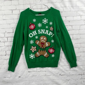 Ugly Christmas Sweater Girls Large L Pullover Gingerbread Snowflakes Oh Snap Gre - Picture 1 of 7