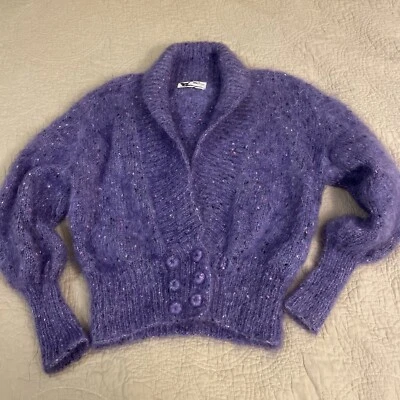 Vintage 1980s Woof Hand Knit Purple Pastel Cardigan Sweater Mohair Merino Wool M - Image 1 of 4