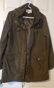 Michael Kors Womens Hooded Olive Green Rain Jacket MEDIUM Cinch Waist - Picture 1 of 4