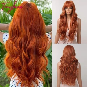 Orange Copper Ginger Long Wavy Synthetic Wigs Red Yellow Wig with Bangs for Wome - Picture 1 of 14