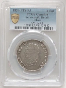 MONEDA BOLIVIA PLATA 4 SOL AU 1859 PTS AÑO FJ KM#123.3 GRADUACIÓN PROFESIONAL - Imagen 1 de 3