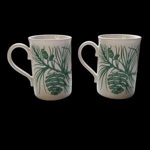 Set 2 Godiva White Green Winter Snow Pine Cone Branch Ceramic Coffee Tea Mug Cup - Picture 1 of 17
