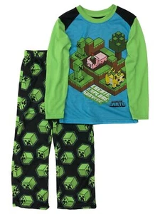 Minecraft Boys Long Blue Creeper Pajamas Shirt & Fleece Sleep Pants Set - Picture 1 of 1