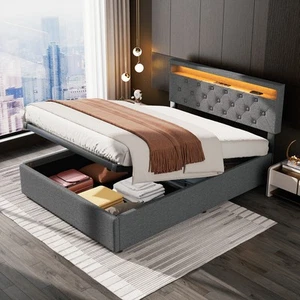 Polsterbett 160x200cm Doppelbett Bettgestell mit Bettkasten USB/LED-Licht Modern - Bild 1 von 19