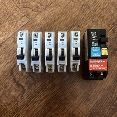 Square D RCCB 80A And 5 X BS 3871 Circuit Breakers.  2x 32A. 45A.16A.6A - Image 1 of 2