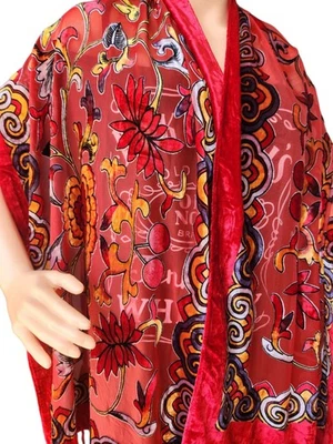 J&X NY Rojo Floral Seda Viscosa Terciopelo Burnout Flecos Bufanda Chal Envoltura 76x20 Foto 1 de 4