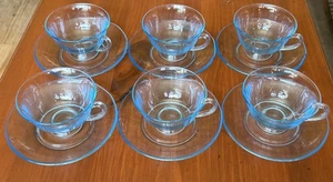 Fostoria FAIRFAX Azure Blue Cup Cups & Saucer Saucers Elegant Glass Set Of 6 - Picture 1 of 6