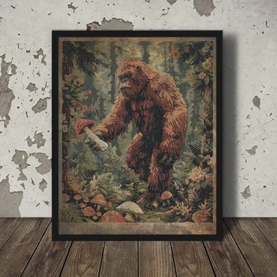 Arte de pared vintage BIGFOOT MUSHROOM, decoración SASQUATCH SHROOM, regalo botánico Yeti Foto 1 de 4