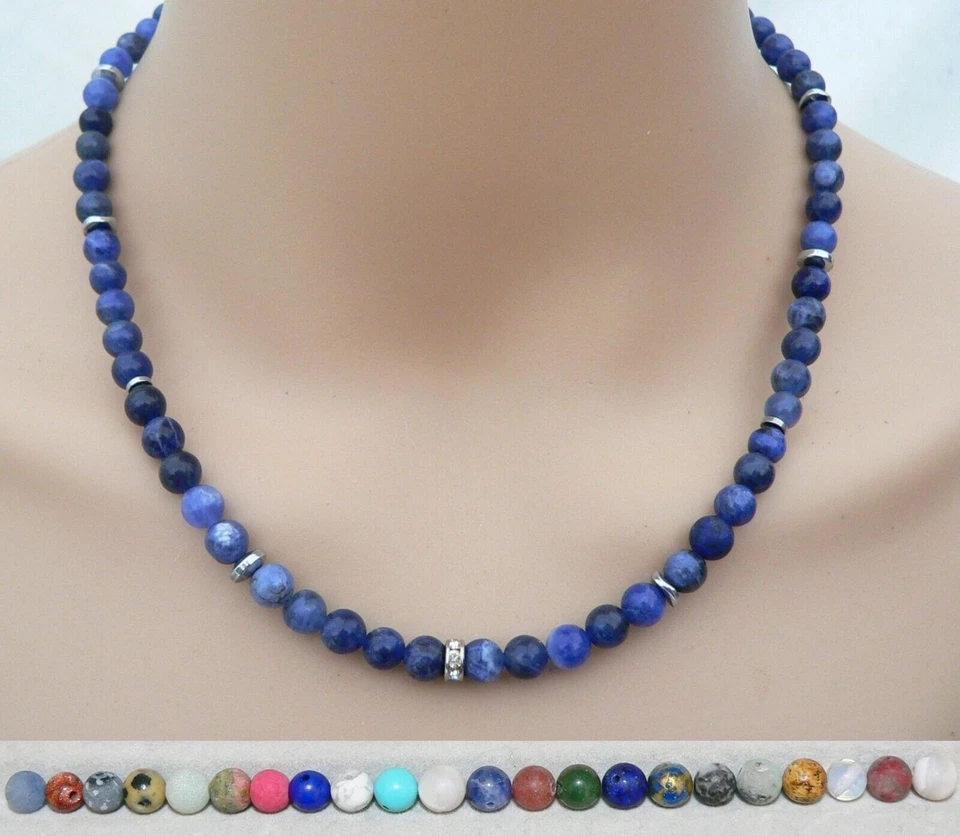 Halskette zierlich zart 6mm Schmuckstein Edelstein Auswahl Hämatit Strass 801a - Bild 1 von 1