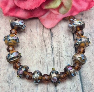 Artisan Brown Art Amber Glass Bead 8" Bracelet Toggle Clasp - Picture 1 of 12
