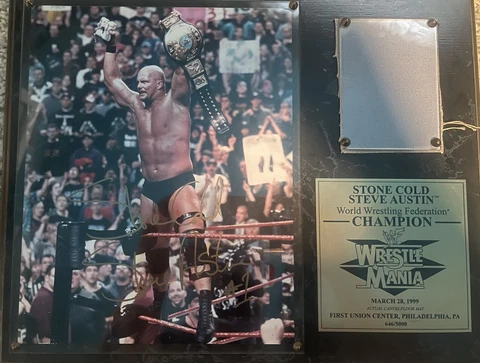 Wrestlemania Stone Cold Steve Austin Autographed plaque event used mat Cover