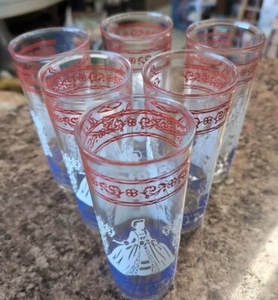 Vtg Mid Century Victorian Lady Red, White & Blue Highball Glasses - Picture 1 of 5