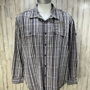Mens Marc Ecko Plaid Blue Green Black Long Sleeve Button Up Shirt Patch Size 2XL - Picture 1 of 9