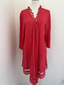 Chico's Open Linen/Cotton Cardigan Size M - 12 (Chico's 2) Crochet Tassel Trim - Picture 1 of 6