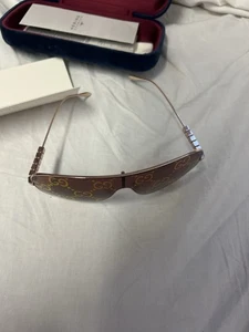 Gucci Shield Rimless Sunglasses Gold & Brown GG Logo Made In Italy 100% Genuine - Picture 1 of 8