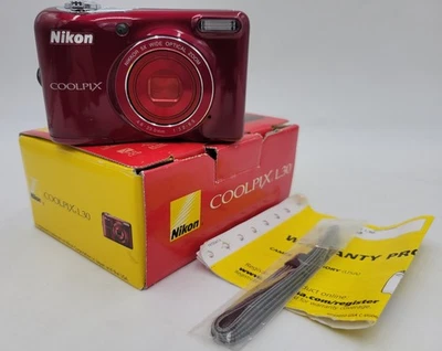 Genuine Red Nikon COOLPIX L30 20.1MP Digital Camera *TESTED* w 32gb Memory & Box - Image 1 of 4