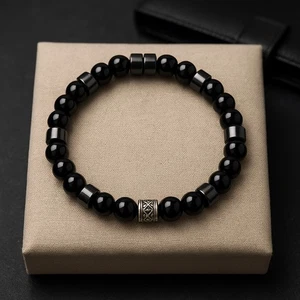 Mens Bracelets Natural Gemstone Black Obsidian bracelet 12mm beads - Picture 1 of 1