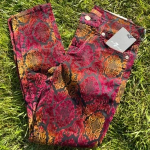 NWT 7 For All Mankind Velvet Abstract Red & Gold Swirl Skinny Jeans - Picture 1 of 8