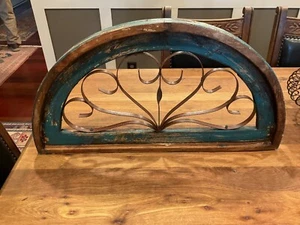 Rustic Painted Green & Natural Wood & Iron Half Moon Arch Wall Hanging Pediment - Picture 1 of 6