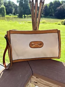 Seltene sehr coole Vintage Reitsport Thema Canvas und hellbraun Leder Clutch Handtasche - Bild 1 von 12