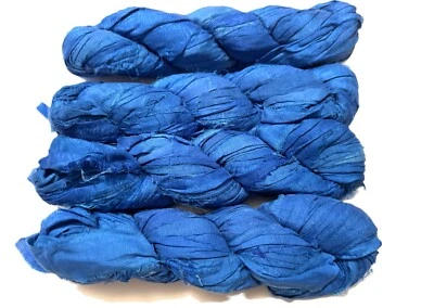 100g Recycled Sari Silk Ribbon Yarn Royal Blue shades - Image 1 of 3
