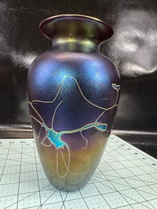 R Held Art Glass Vase Blown Amethyst Glass w Applied Green, Turquoise Ribbon 8" - Picture 1 of 19