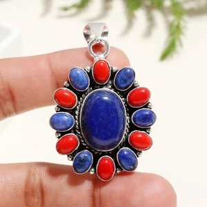 Lapislázuli, colgante de plata de ley 925 con piedras preciosas de coral rojo para regalo de mamá - Imagen 1 de 4
