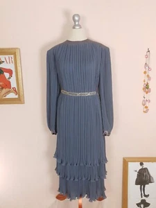 Vintage Grey Pleat Dress Parigi 1970s Chiffon Evening Party - Size 12 Midi - Picture 1 of 15